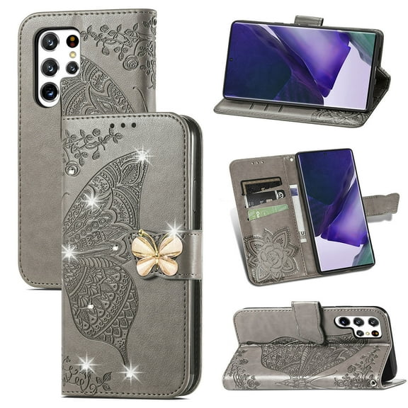 Decase for Samsung Galaxy S22 Ultra Case Bling Butterfly Embossed Wallet Flip PU Leather Magnetic Card Slots with Stand Strap Cover,Gray