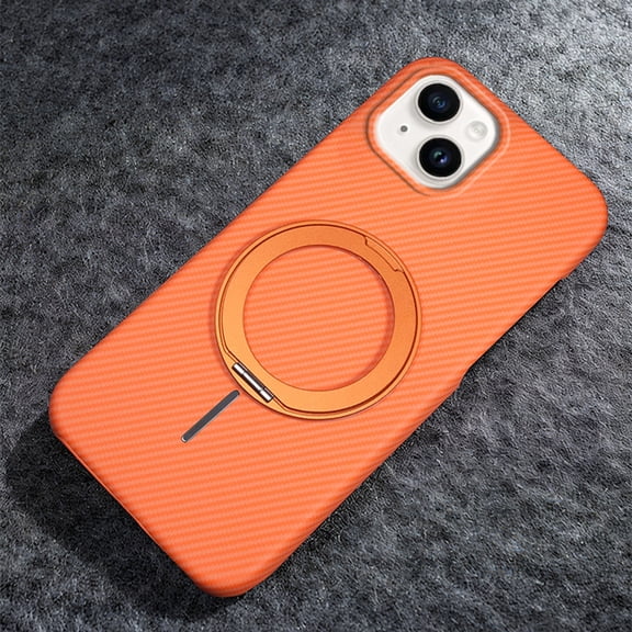 Decase for iPhone 14 Carbon Fiber Texture Case with Ring Kickstand,Magnetic Shockproof Hard PC Back,Non-Slip Slim Heat-Dissipation Matte Cover,Orange