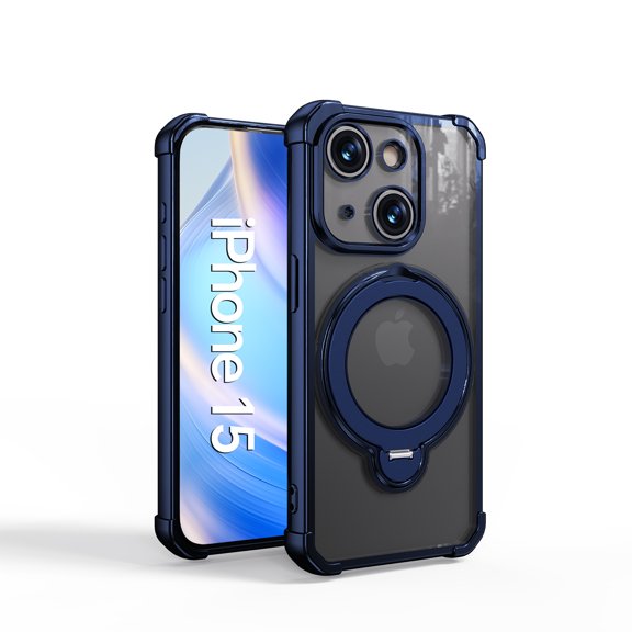 Decase for iPhone 15 Mag Safe Case,Clear Back with 360° Rotating Aluminum Kickstand,Mag Safe Compatible,Shockproof PC TPU Rugged Cover,Dark Blue