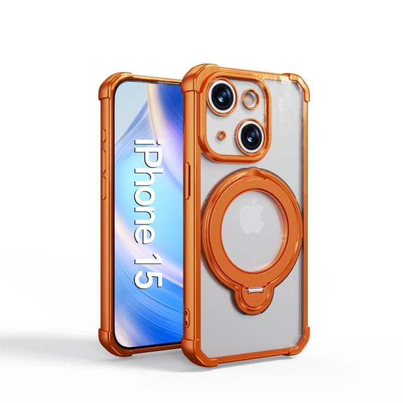 Decase for iPhone 15 Mag Safe Case,Clear Back with 360° Rotating Aluminum Kickstand,Mag Safe Compatible,Shockproof PC TPU Rugged Cover,Orange