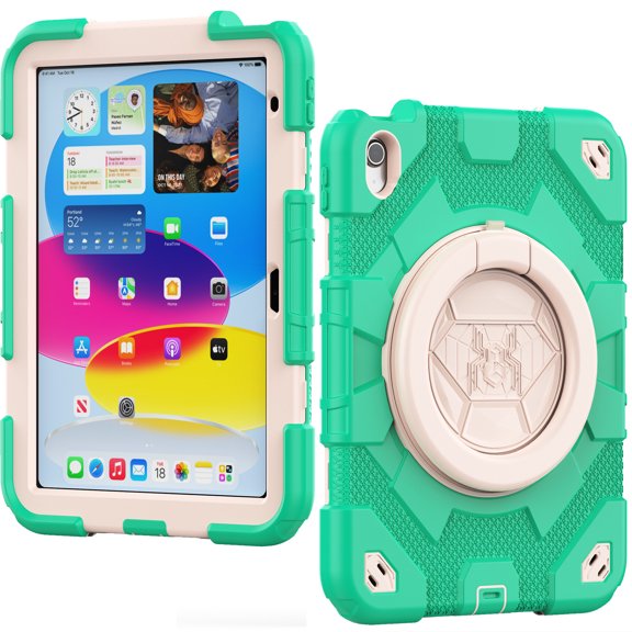 Decase for iPad 10th Generation Cute Tablet Shell,Kids Friendly Hybrid Shockproof Drop Proof Cover for iPad 10th Generation 10.9 Inch 2022 With Ring Handle Kickstand & Shoulder Strap, Cyan