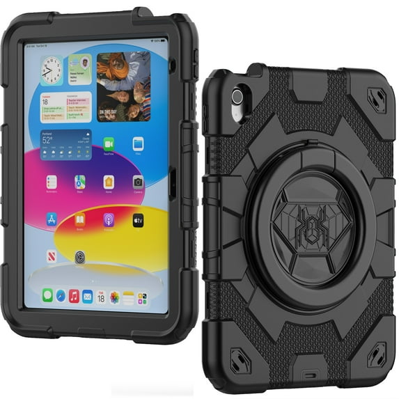 Decase for iPad 10th Generation Cute Tablet Shell,Kids Friendly Hybrid Shockproof Drop Proof Cover for iPad 10th Generation 10.9 Inch 2022 With Ring Handle Kickstand & Shoulder Strap, Black