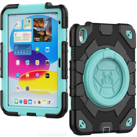 Decase for iPad 10th Generation Cute Tablet Shell,Kids Friendly Hybrid Shockproof Drop Proof Cover for iPad 10th Generation 10.9 Inch 2022 With Ring Handle Kickstand & Shoulder Strap, Black+Mint