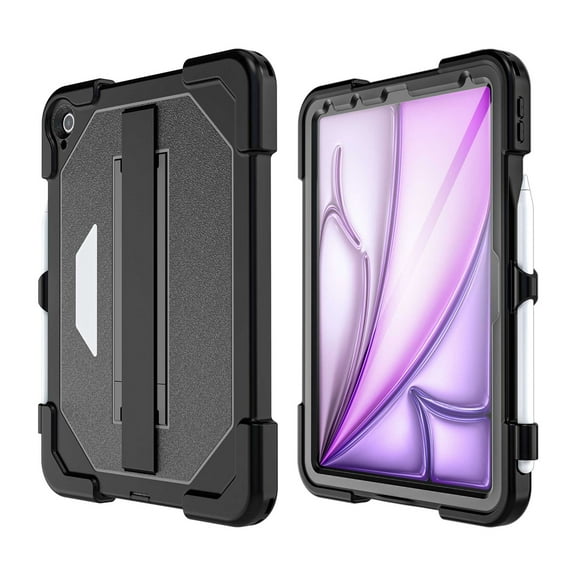 Decase for iPad Air 11 Inch M3 2025/M2 2024 (Air 7th/6th Generation),Built-in Screen Protector,Heavy Duty Protective Case with Kickstand & Hand Strap,Full Body Shockproof Protective Cover,Black