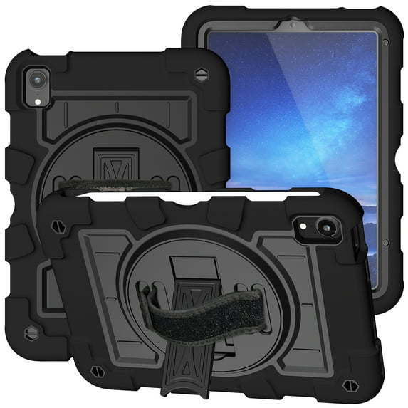 Decase for iPad Mini 7 (A17 Pro) 2024/iPad Mini 6 2021 8.3 Inch Tablet Case,TPU Bumper PC Back Adjustable Shoulder Hand Strap,Rotatable Integrated Stand Protective Case Bag,8.3 Inches,Black