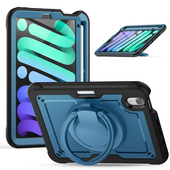 Decase for iPad Mini 7 Case 2024 (A17 Pro) Case,Rugged Durable Shockproof Tablet Cover with 360° Rotating Hand Strap Foldable Hidden Stand,for iPad Mini 7th/6th Generation Case (2024/2021),Navyblue
