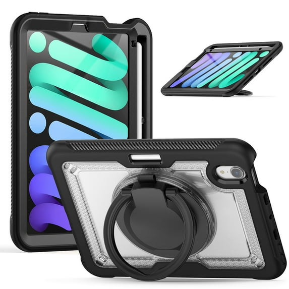 Decase for iPad Mini 7 Case 2024 (A17 Pro) Case,Rugged Durable Shockproof Tablet Cover with 360° Rotating Hand Strap Foldable Hidden Stand,for iPad Mini 7th/6th Generation Case (2024/2021),Clear