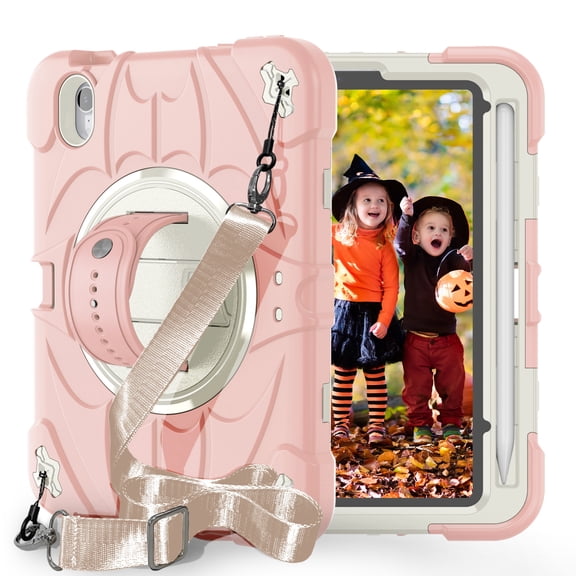 Decase for iPad Mini 7th(A17 Pro) 2024 / Mini 6th Generation 8.3" 2021, Drop Protection Protective Cover,Bat-Patterned Back Cover with Pencil Holder, Handle, Adjustable Stand & Shoulder Strap,Pink