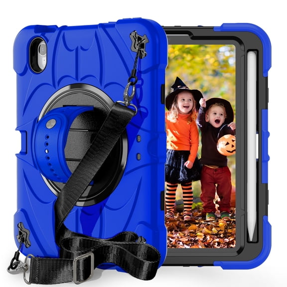 Decase for iPad Mini 7th(A17 Pro) 2024 / Mini 6th Generation 8.3" 2021, Drop Protection Protective Cover,Bat-Patterned Back Cover with Pencil Holder, Handle, Adjustable Stand & Shoulder Strap,Blue