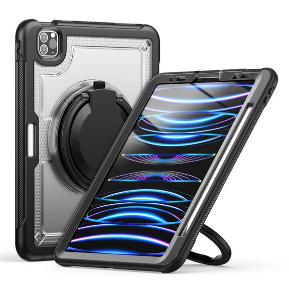 Decase for iPad Pro 11 Inch (2022/2021/ 2020/2018) Case,Rugged Shockproof Tablet Cover with 360° Rotating Hand Strap Foldable Hidden Stand,for iPad 11 (4th/ 3rd/ 2nd/ 1st) Generation,Clear