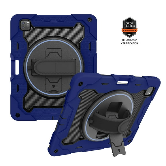 Decase for iPad Pro 12.9 2022/2021/2020/2018 Military Grade Protection Case,Built-in Hand Strap,Rotation Ring Stand,Rugged Shockproof Heavy Duty Drop Proof Protective Cover,Deep Blue