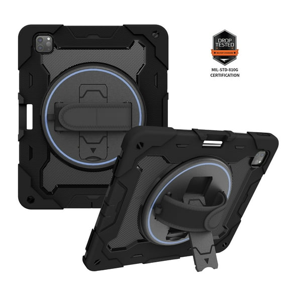 Decase for iPad Pro 12.9 2022/2021/2020/2018 Military Grade Protection Case,Built-in Hand Strap,Rotation Ring Stand,Rugged Shockproof Heavy Duty Drop Proof Protective Cover,Black
