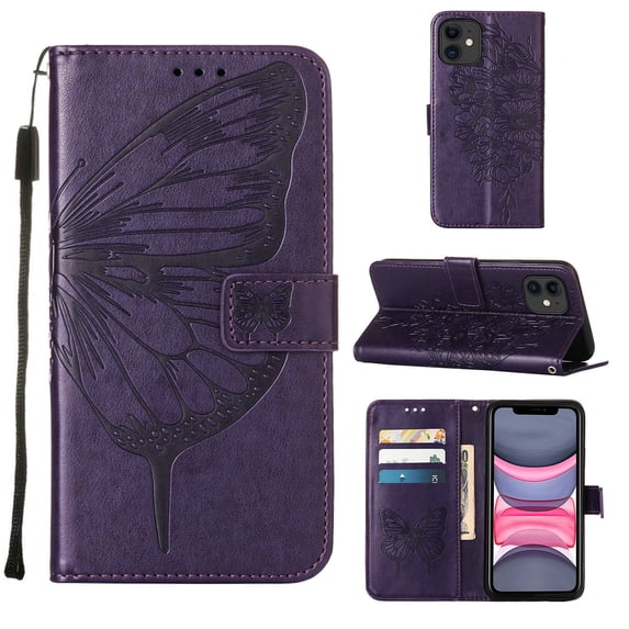 Decase iPhone 11 Case, Butterfly Patterned Wallet Case, Magnetic Folio Faux Leather with Wrist Strap Credit Card Holder Slots Kickstand Protective Cover For iPhone 11, Purple