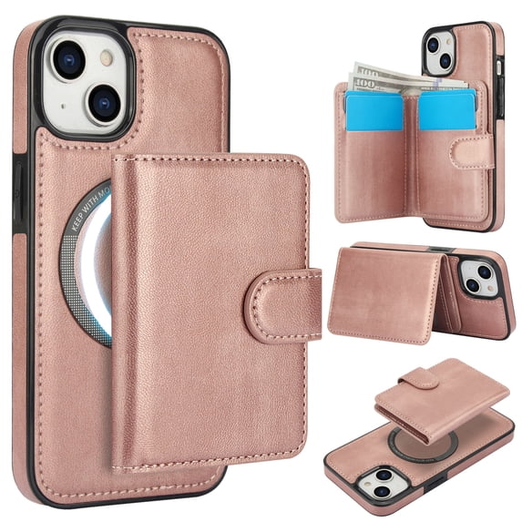 Decase for iPhone 11 Flip PU Leather Back Cover with 2-in-1 Detachable Magnetic Wallet with 5 Card Slots Compatible Mag-Safe and RFlD Blocking Kickstand and Wireless Charging,Rosegold
