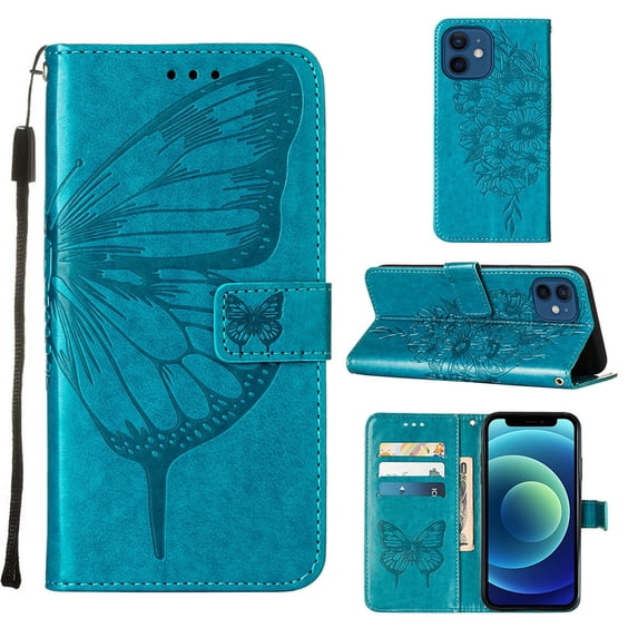 Decase iPhone 12 Case, Butterfly Patterned Wallet Case, Magnetic Folio Faux Leather with Wrist Strap Credit Card Holder Slots Kickstand Protective Cover For iPhone 12, Blue