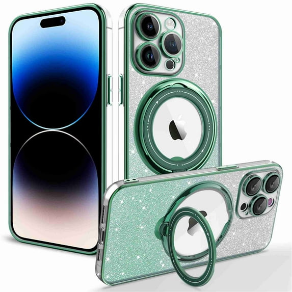 Decase for iPhone 12, Magnetic Invisible Foldable 360 Rotation Ring Stand Case,Compatible with Mag Safe,Luxury Sparkle Bling Glitter Shockproof Anti-Scratch Slim Case Cover, darkgreen