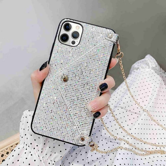 Decase for iPhone 12 Pro Max Bling Case, Glitter Diamond Sequins Credit Card Cash Holder Wallet Case with Shiny Crossbody Chain Hard PC Back Protective Girly Stand Cover, White