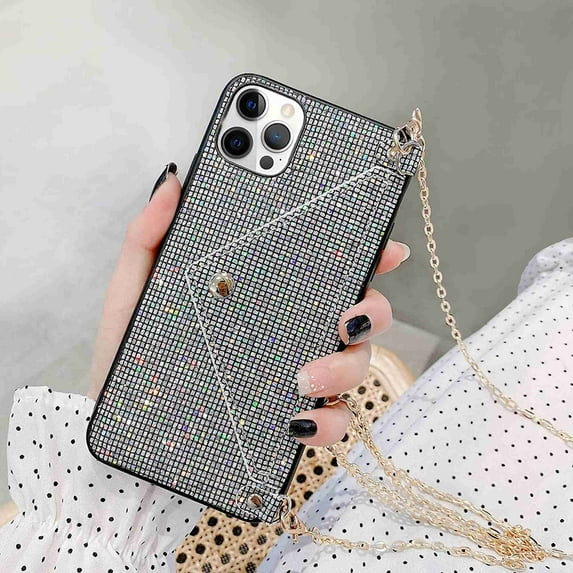 Decase for iPhone 12 Pro Max Bling Case, Glitter Diamond Sequins Credit Card Cash Holder Wallet Case with Shiny Crossbody Chain Hard PC Back Protective Girly Stand Cover, Black
