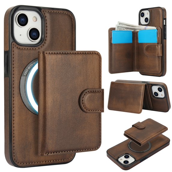 Decase for iPhone 13 Flip PU Leather Back Cover with 2-in-1 Detachable Magnetic Wallet with 5 Card Slots Compatible Mag-Safe and RFlD Blocking Kickstand and Wireless Charging,Brown