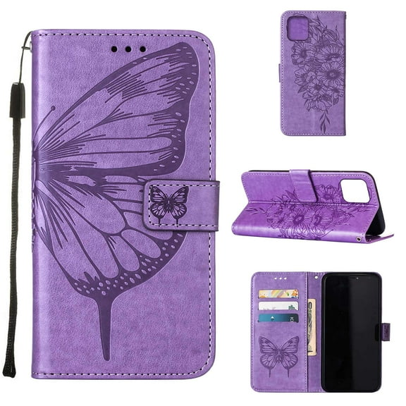 Decase iPhone 13 Pro Case, Butterfly Patterned Wallet Case, Magnetic Folio Faux Leather with Wrist Strap Credit Card Holder Slots Kickstand Protective Cover For iPhone 13 Pro, Lightpurple