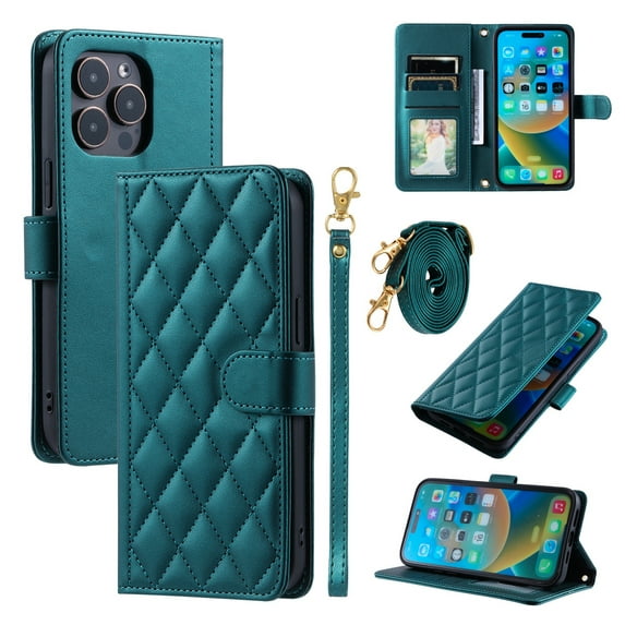 Decase for iPhone 13 Pro Case Wallet with Card Holder for Women Man,Elegant Style Protective Leather Stand Cover Magnetic Clasp Crossbody Strap & Wristband,for iPhone 13 Pro- green