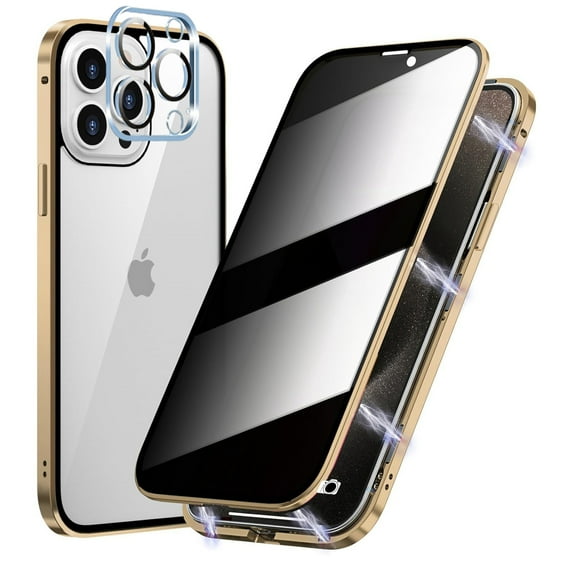 Decase for iPhone 13 Pro Max,iPhone 13 Pro Max Full Body Case with Privacy Screen Protector & Camera Lens Protector,Tempered Glass Magnetic Metal Bumper Phone Case Cover,Gold