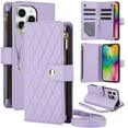 thumbnail image 1 of Decase for iPhone 13 Wallet Phone Case with Crossbody Lanyard Strap & Wrist Strip,Shockproof Stylish Zipper Pockets Case with Card Slots+Cash Slots,PU Leather Flip Folio Book Design,Purple, 1 of 12