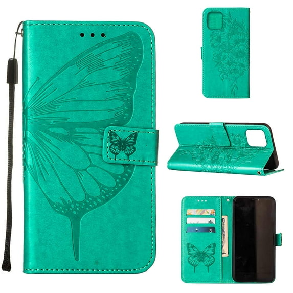 Decase iPhone 13 mini Case, Butterfly Patterned Wallet Case, Magnetic Folio Faux Leather with Wrist Strap Credit Card Holder Slots Kickstand Protective Cover For iPhone 13 Mini, Green