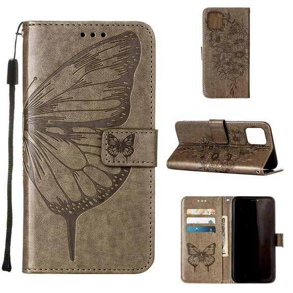 Decase iPhone 13 mini Case, Butterfly Patterned Wallet Case, Magnetic Folio Faux Leather with Wrist Strap Credit Card Holder Slots Kickstand Protective Cover For iPhone 13 Mini, Gray