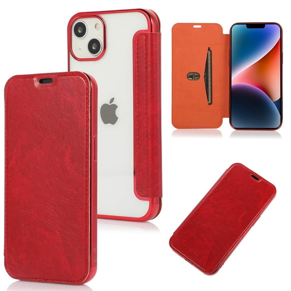 Decase for iPhone 14 Flip Leather Case Lychee Pattern Soft Clear Back with Card Slot Kickstand Function Anti-Scratch Full Body Protective Case For iPhone 14,Red