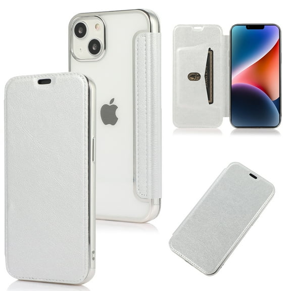 Decase for iPhone 14 Flip Leather Case Lychee Pattern Soft Clear Back with Card Slot Kickstand Function Anti-Scratch Full Body Protective Case For iPhone 14,Silver