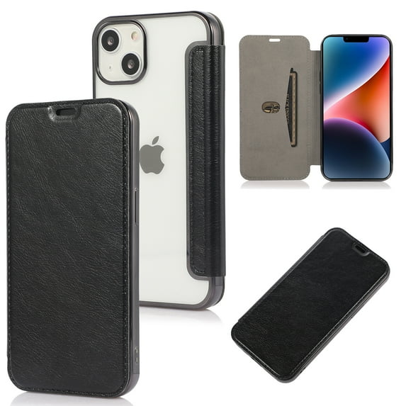 Decase for iPhone 14 Plus Flip Luxury Leather Case Lychee Pattern Soft Clear Back with Card Slot Kickstand Function Anti-Scratch Full Body Protective Case For iPhone 14 Plus,Black