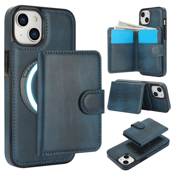 Decase for iPhone 14 Plus Flip PU Leather Back Cover with 2-in-1 Detachable Magnetic Wallet with 5 Card Slots Compatible Mag-Safe and RFlD Blocking Kickstand and Wireless Charging,Blue