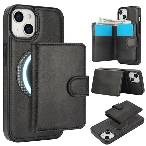 Decase for iPhone 14 Plus Flip PU Leather Back Cover with 2-in-1 Detachable Magnetic Wallet with 5 Card Slots Compatible Mag-Safe and RFlD Blocking Kickstand and Wireless Charging,Black