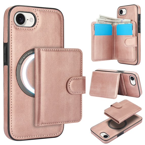 Decase for iPhone 14 Plus Flip PU Leather Back Cover with 2-in-1 Detachable Magnetic Wallet with 5 Card Slots Compatible Mag-Safe and RFlD Blocking Kickstand and Wireless Charging,Rosegold