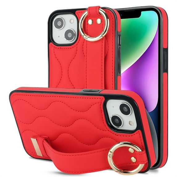 Decase for iPhone 14 Plus with Wrist band Kickstand Case,with Metal RIng,Slim Shockproof PU Leather Drop Proof Non-Slip Anti-Fingerprint Protective Phone Case Cover,Red