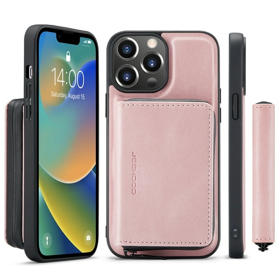 Decase for iPhone 14 Pro Case Wallet with Card Holder, Vintage PU Leather RFID Blocking Zipper Double Magnetic Flip Folio Kickstand Shockproof Protective Phone Cover for Women Men, Pink