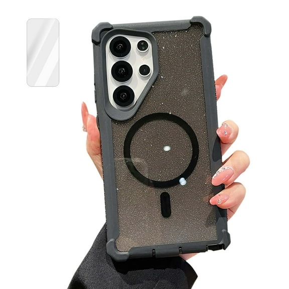 Decase for iPhone 14 Pro Max Case with 1Pack Tempered Glass Screen Protector, Sparkly Glitter Bling Back,Support Mag-Safe,Shockproof Crystal Back Magnetic Cover for Girls Women,Black+clear