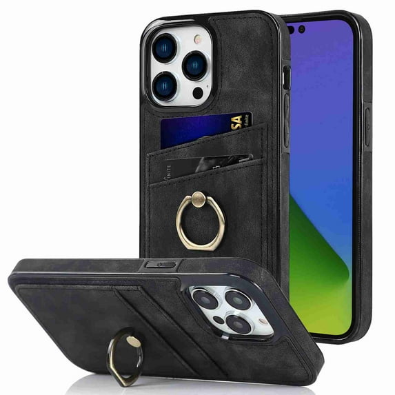 Decase for iPhone 14 Pro Max Case, Minimalist Wallet PU Leather Case with Card Holder and Ring Kickstand/Stand Drop Protection Slim Protective Cover,Black