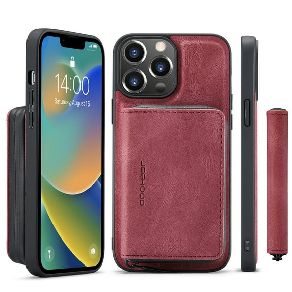 Decase for iPhone 14 Pro Max Case Wallet with Card Holder, Vintage PU Leather RFID Blocking Zipper Double Magnetic Flip Folio Kickstand Shockproof Protective Phone Cover for Women Men, Red