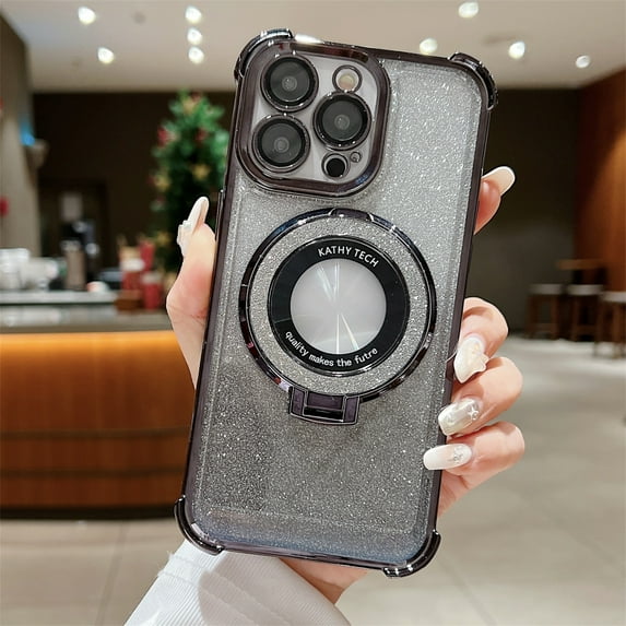 Decase for iPhone 14 Pro Max Compatible with Mag Safe Case,Built-in Invisible Foldable Ring Holder Stand,Slim Luxury Shockproof Anti- Scratch Protective Sparkle Bling Glitter Case Cover,Black