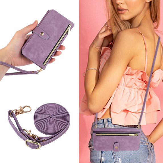 Decase for iPhone 14 Pro Max Wallet Case (2022 Release), Shockproof PU Leather Zipper Purse with Crossbody Strap & Wrist Strap Card Holder Cover for iPhone 14 Pro Max, Purple