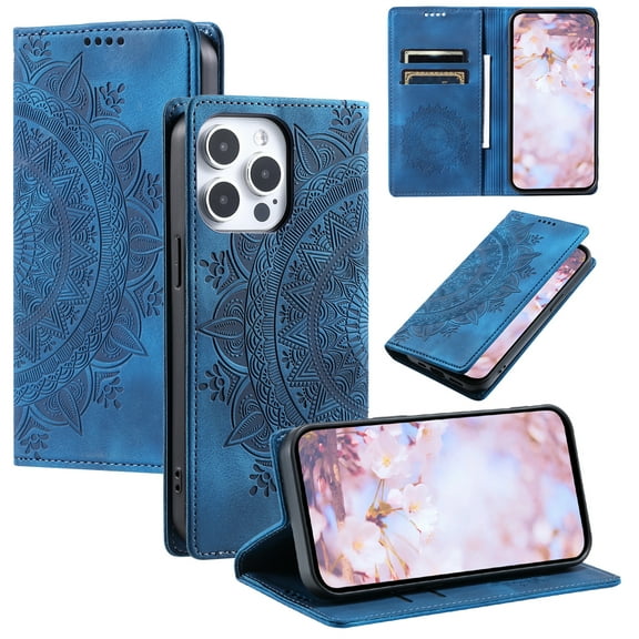 Decase for iPhone 14 Pro Max Wallet Phone Case with Credit Card Slot,Premium PU Leather Magnetic Flip Wallet Stand Emboss Flower Pattern Shockproof Anti-Fall Full Body Protection Cover,Blue