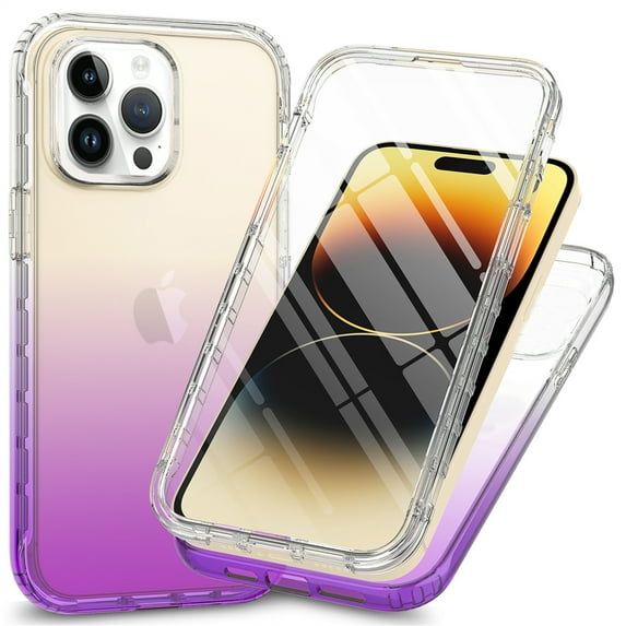 Decase for iPhone 14 Pro Two-layer Protection Case,Built-in Screen Protector,Slim Shockproof Anti-Scratch TPU Bumper Drop Proof Protective Clear Gradient Phone Case Cover,Purple