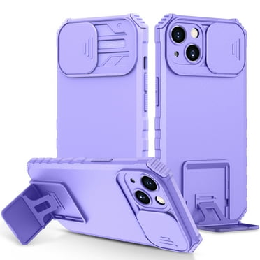 Decase for iPhone 15 2023 Case with Slide Camera Lens Protector Cover,Dual Layer Shockproof TPU Bumper with Hidden Folding Kickstand Anti-Scratch Case for iPhone 15,Purple