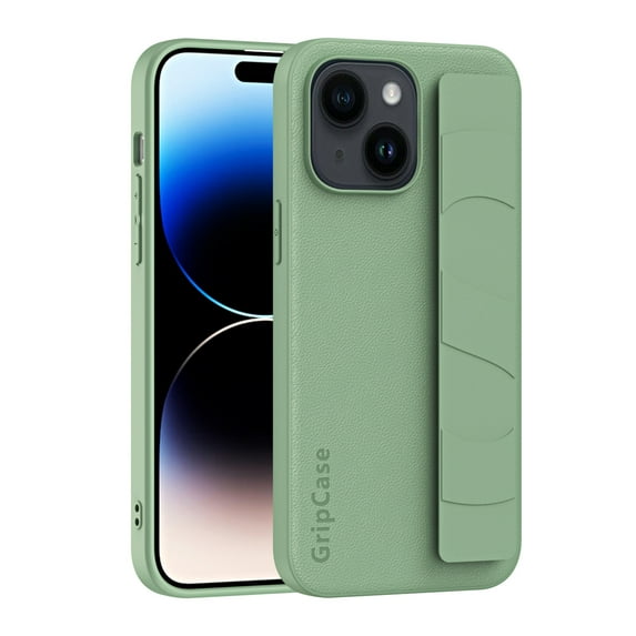 Decase for iPhone 15 2023 with Hand Strap Case,Rugged Hybrid Shokcproof PU Leather Non-Slip Wristband Anti-fall PC Back Cover Case for iPhone 15,Green