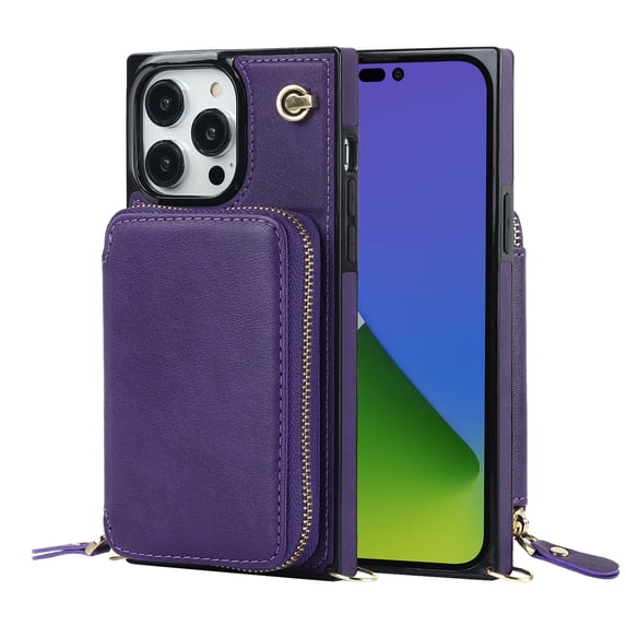 Decase for iPhone 15 Crossbody Zipper Wallet Case,Credit Card Slot Stand with Shoulder Strap,Hybrid Rugged PU Leather Purse Shockproof RFID Blocking Protective Case Cover,Purple