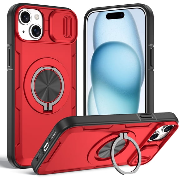 Decase for iPhone 15 Heavy Duty Case,Rugged 360° Rotate Ring Kickstand Phone Cover with Sliding Lens Cover,Shockproof Privacy Lens Cover Hard Shell,Red