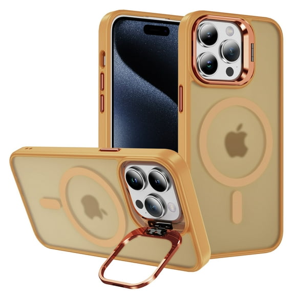 Decase for iPhone 15 with Hidden Camera Stand,Translucent Case PC + TPU Phone Cover [Compatible with Mag-Safe] Ultra Thin Matte Shockproof Case for Apple iPhone 15,Orange