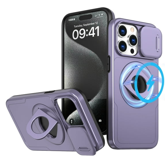 Decase for iPhone 15 Military Grade Protection Case,Compatible with MagSafe,Built-in Rotation Ring Holder Stand,with Slide Camera Lens Protector,Slim Anti-Scratch Shockproof Cover,Purple